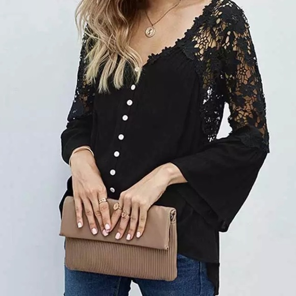 SOLD OUT Black Boho Crochet Lace Button Up Blouse Top - Picture 4 of 5